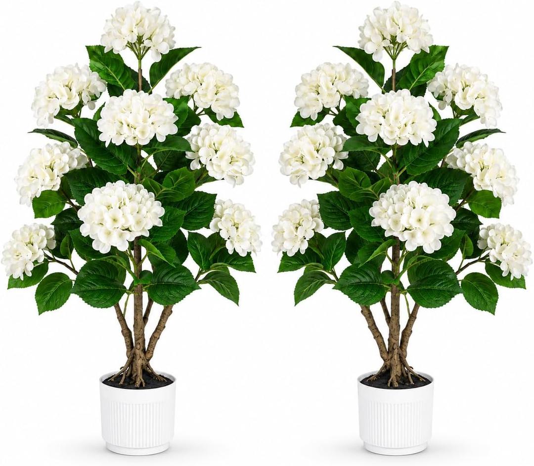 Faux Hydrangea Tree 2 Pack, 3FT White Artificial Flowering Plant