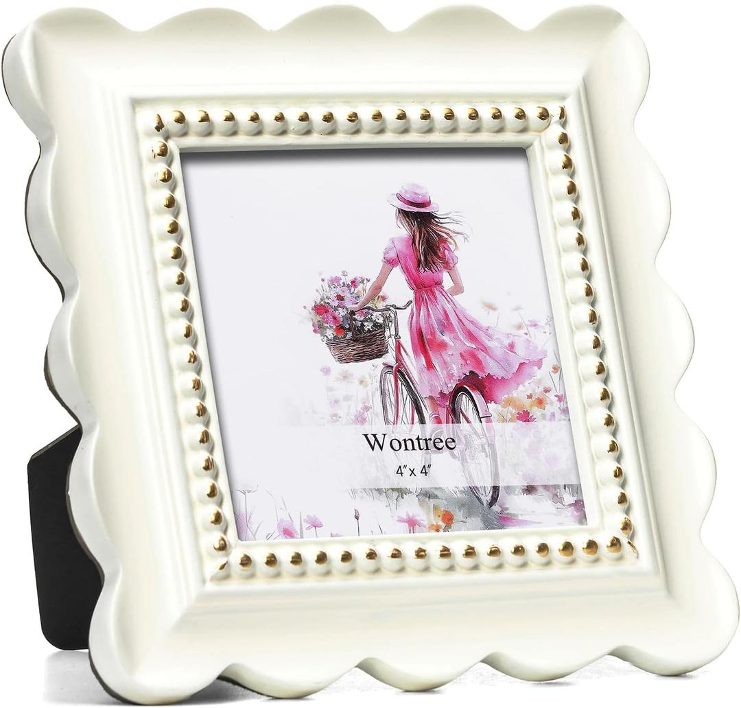 Wavy 4x4 Picture Frame White with Gold Beaded Trim, Resin Frame with Real Glass, Vertical and Horizontal Desk Tabletop or Wall Hanging