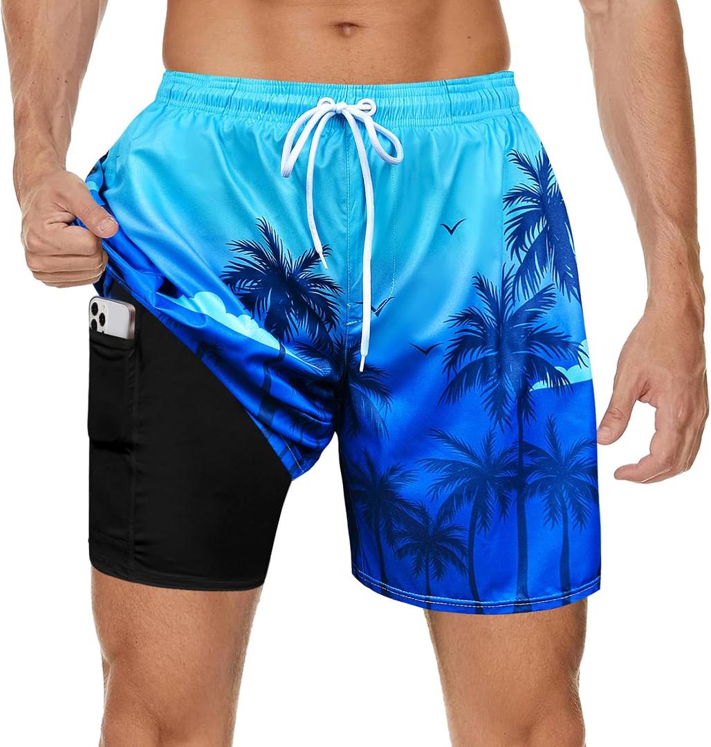 MaciRept Mens Swim Trunks Bathing Suits Swimwear Swimming Board Shorts with Compression Liner Quick Dry Beach Swimsuit (Blue, L)