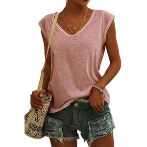 SOUWINEMYI Womens Cap Sleeve T Shirts V Neck Casual Tops Oversized T-Shirt Summer Trendy Lightweight Loose Fit Basic Tees (Pink, M)