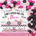 Race Car 3rd Birthday Party Decor for Girls Can't Catch Me I'm Three Backdrop Banner Pink Checkered Tablecloth, Balloons, Cake Toppers Pink Racing Party Kit for Girl Celebration