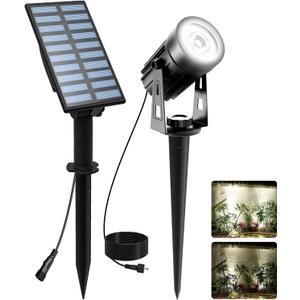 T-SUNUS Solar Landscape Spotlights Metal, Garden Spot Lights IP65 Waterproof 9.8ft Cable, 2000mAh Separated Panel, Auto On/Off for Christmas Tree Flag Garden Driveway Pathway Pool Area (White 6000K) (1-IN-1)