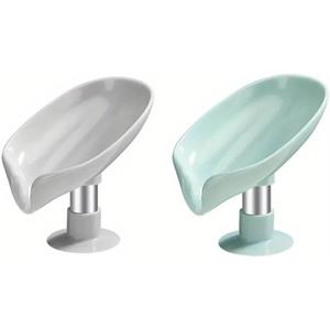 2 pcs Leaf Shape Soap Tray Soap Box, Non-Slip Drain, Suction Cup, Green & Grey