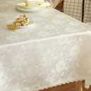 GLORY SEASON Textured Tablecloth Waterproof Spillproof Lace Trim Rectangle Jacquard Fabric Table Cloth, Kitchen Dinning Tabletop Decoration, Round Table Cover for Outdoor Use 60x102 Inch, Ivory White