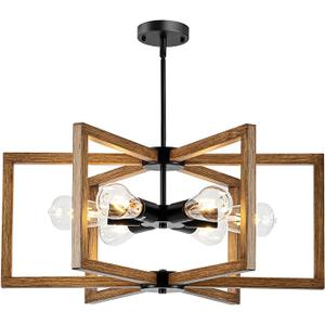 6 Light Farmhouse Chandelier, 23.62" Modern Chandelier for Entryway with Wooden Finish Industrial Rustic Hanging Pendant Light for Bedroom,Kitchen,Foyer,Living,Dining Room Lighting Fixtures