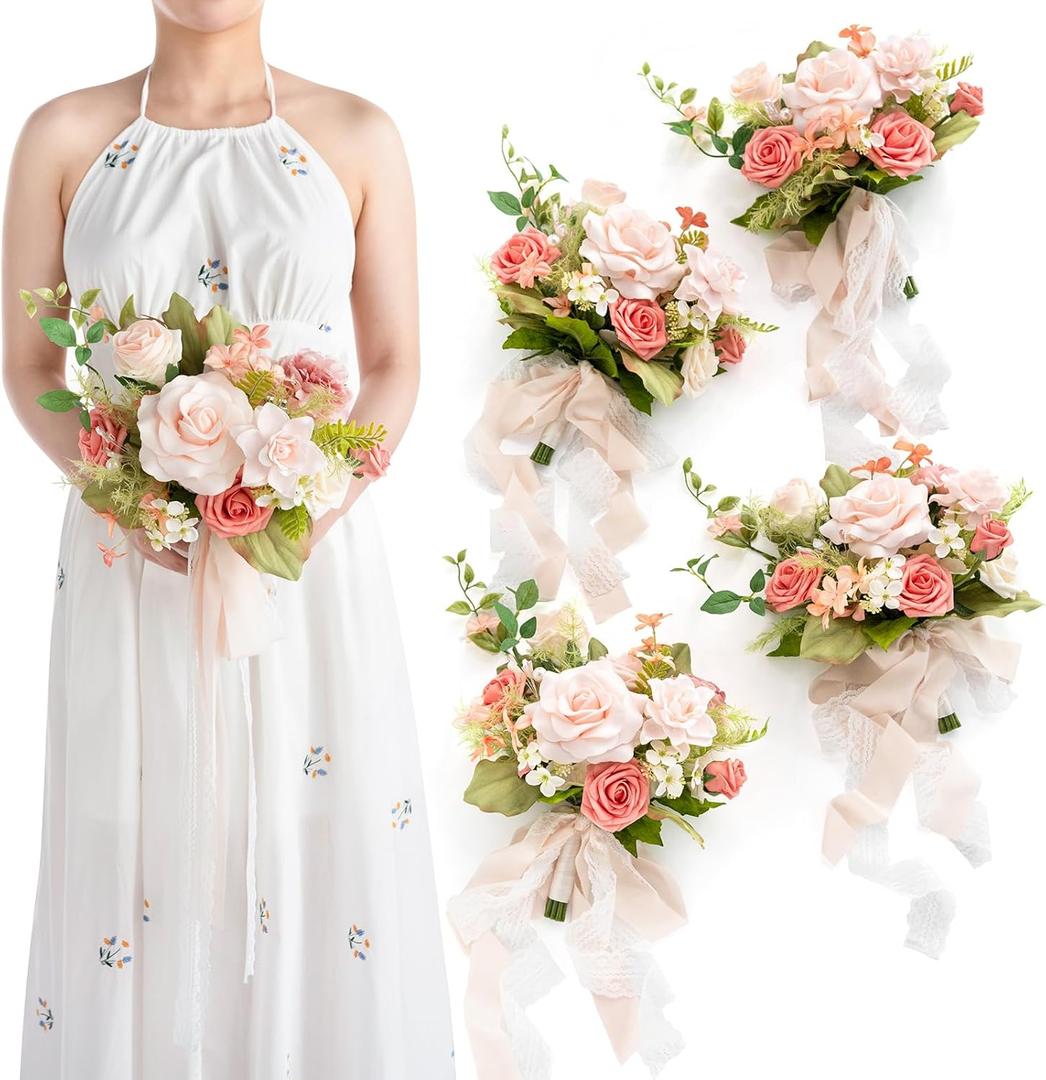 Ling's moment Artificial Flowers Pink Bridesmaid Bouquet Set of 4, Blush Garden Wedding Flowers Bouquets for Bridesmaids, 7 Inch Bridal Bouquets for Bridesmaids, Wedding, etc