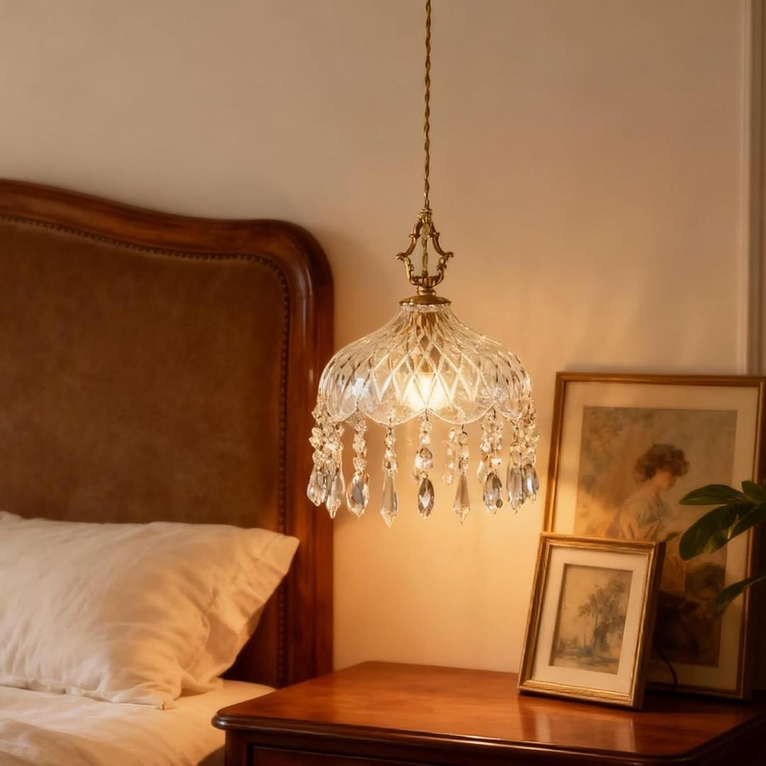 Small Vintage Crystal Pendant Light Kitchen Island,French Brass Glass Mini Hanging Light,Adjustable Height Single Light Fixture, Gold Antique Chandelier for Bathroom (1-Pack，Dia 7.87in