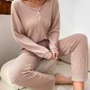 WDIRARA Women's 2 Piece Pajama Waffle Knit Lounge Set Long Pants Sleepwear (Pink, S)