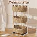AceOrbit 3-Tier Scalloped Seagrass Wicker Rolling Storage Cart | Freestanding Rattan Rolling Basket Cart, Farmhouse Storage Shelf for Bedroom Bathroom Laundry Livingroom Home Decor