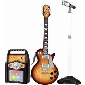 deAO Kids Electric Musical Guitar Play Set,Adjustable Height Microphone,Amplifier Set with Stand, Musical Guitar Play Set,Microphone, Amp, AUX, Birthday for Kids Boys Girls (Brown)