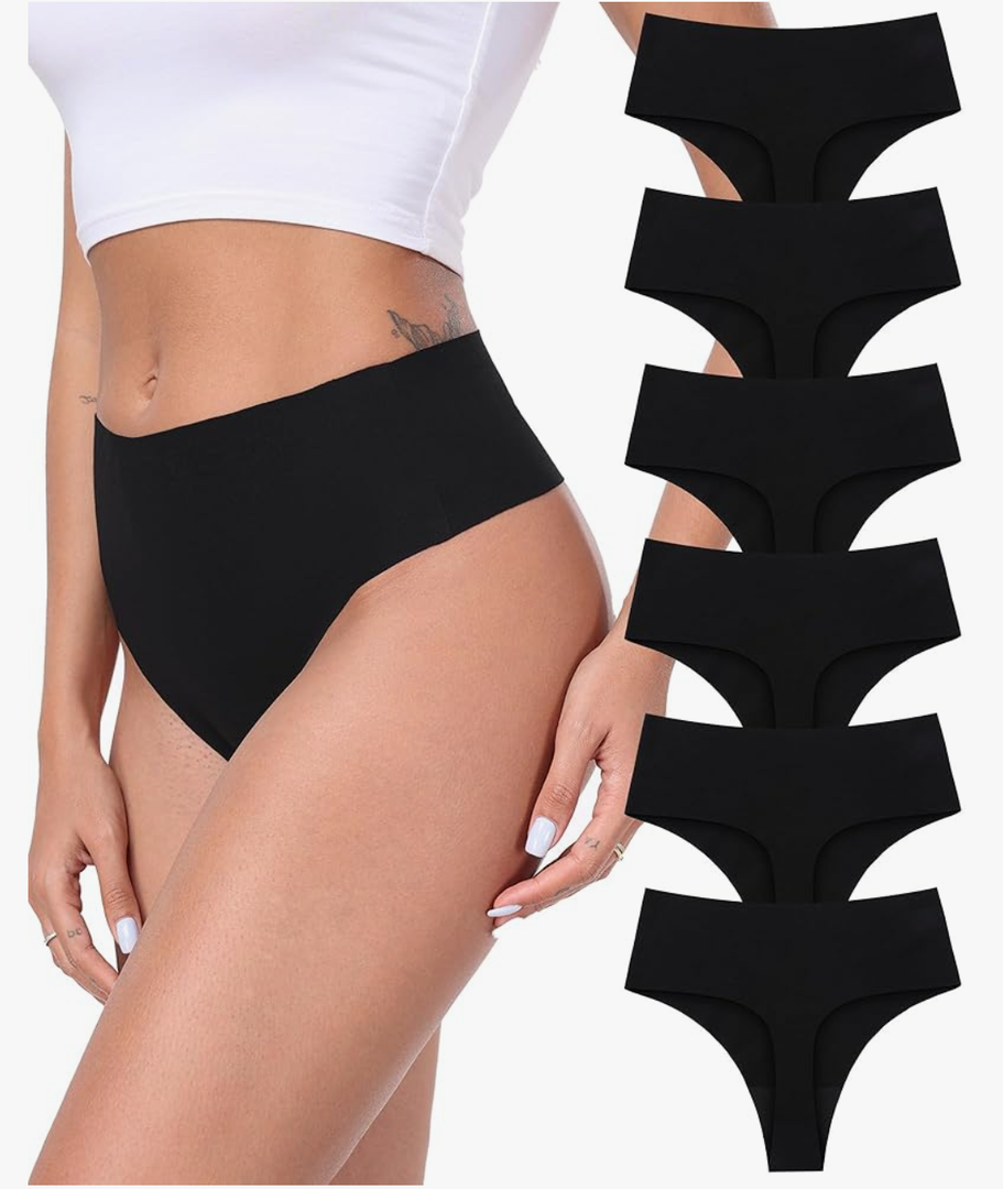 Cotton Thongs for Women High Waisted Seamless No Show Thong Stretchy Comfort Panties, Size L, 6 Pack