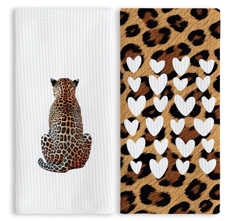 TNUW Trendy Preppy Leopard Hand Towels 16x24 Inch Set of 2, Preppy Cheetah Print Kitchen Towels, Funky Preppy Girly Dish Tea Towels for Kitchen, Leopard Cheetah Bathroom Decor