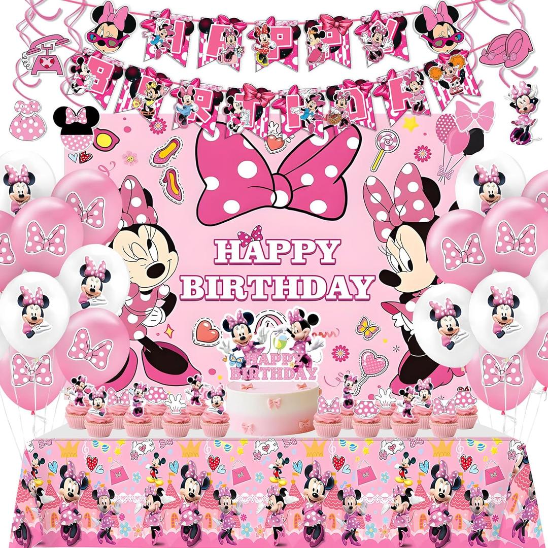 Birthday Party Supplies,Minnie Theme Style Party Decorations Include Happy Birthday Banner,Backdrop,Tablecover,Cake Toppers,Cupcake Toppers,Spiral Charms and Latex Balloons Set