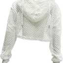 ZUYPSK Womens Fishnet Long Sleeve Hollow Out Hoodie Pullover Crop Top Summer Short Sweatshirt Outerwear (White, L)
