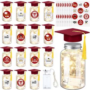 Boao 16 Sets Graduation Table Decoration Set with LED Light up Graduation Decorations for Class of 2026, Grad Jar, Felt Grad Hat and Stickers for High School College(Dark Red,Vivid)