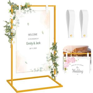 MorningRo Wedding Welcome Sign Stand 50x30x20 Welcome to Our Wedding Sign Holder with 2 Leather Straps Easel Stand for Signs Metal Display Poster Holder for Ceremony Party(White, Gold)