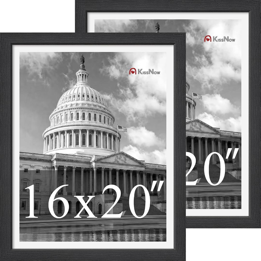 16x20 Picture Frame, Black Solid Wood, 2 Pack, Wall Hanging for Art