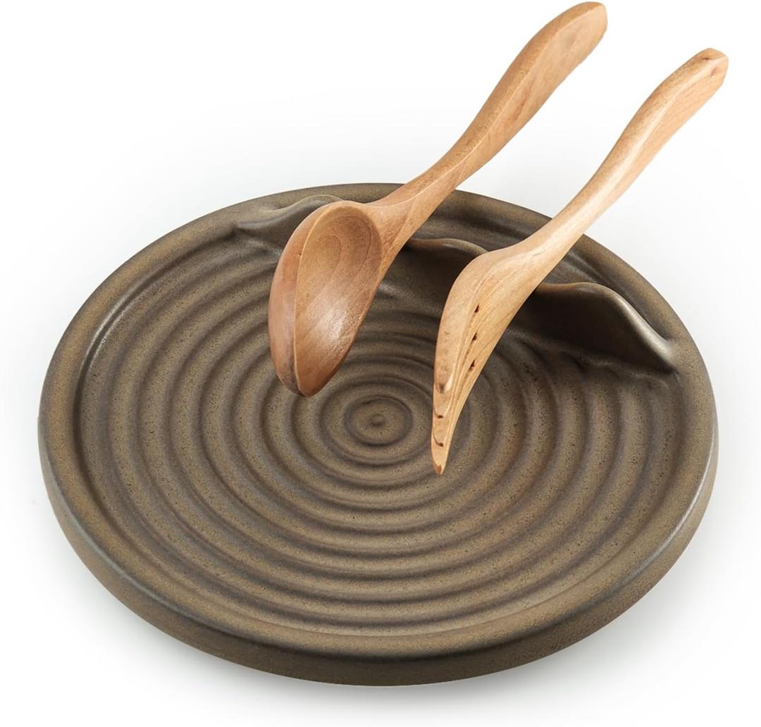 Spoon Holder for Kitchen Counter, Ceramic Spoon Rest for Stove Cute Ladle Holder for Stove Top, Coffee Spoon Rest for Spoons, Ladles, Tong, Brown