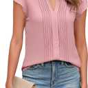 Blooming Jelly Womens Blouses Dressy Causal V Neck Pintuck Short Petal Sleeve Business Tops Ladies Summer Trendy Work Shirt (Large, Pink)