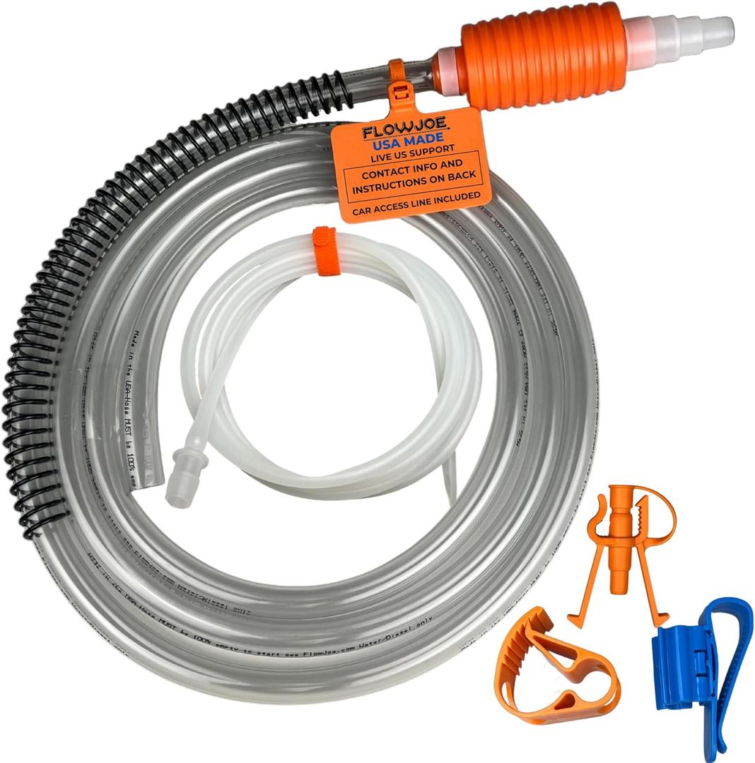 FlowJoe Handy Pump Fluid Transfer Siphon with Car Access Line - Made in USA with Live US Support - 14 Feet of Hose with Multiple Configurations - Moves 120 Gallons Per Hour