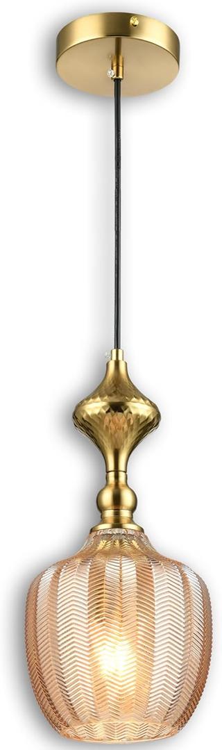 Modern Glass Pendant Light, 6.5"x14" Amber Sunset-Striped Hanging Fixture with Gold Cap, 15"-72" Adjustable Line, E26 Socket for Dining Room or Lounge Sunset Gold Bordeaux