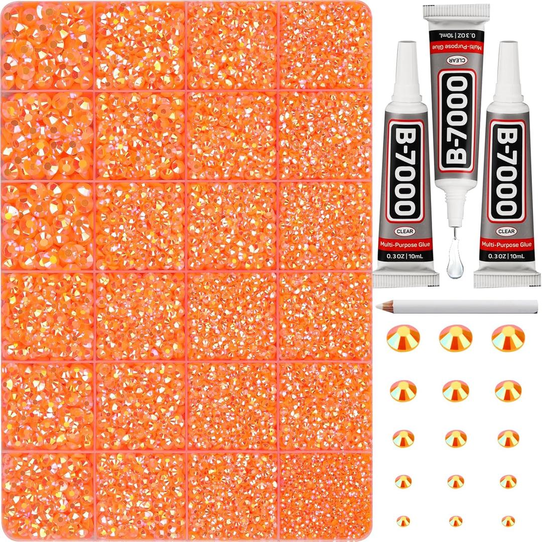 31000Pcs Orange Resin Rhinestones for Bedazzling, Bedazzle Gems Flatback Jelly Orange ab Bedazzled Crystals Jewel Diamond for Crafting Clothes Crafts, Gemstone Stone Rinestone Set 26mm and b7000 Glue