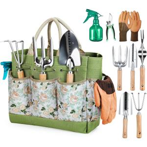 Grenebo Gardening Tools 9-Piece Heavy Duty Garden Hand Tools with Fashion and Durable Garden Tools Organizer Handbag, Rust-Proof Garden Tool Set, Ideal Gardening Gifts for Women
