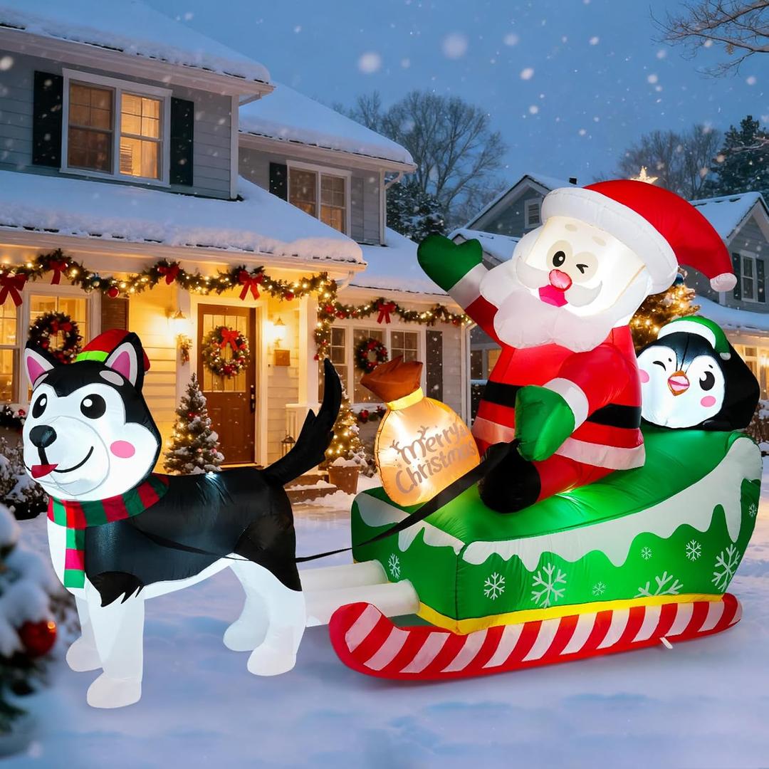Meland Christmas Inflatables Outdoor - 9.5 FT Christmas Blow Ups Yard Decorations with Lights & Three Characters - Dog, Santa Clause on Sleigh, Penguin, Inflatable Decorations for Outside, Lawn Decor