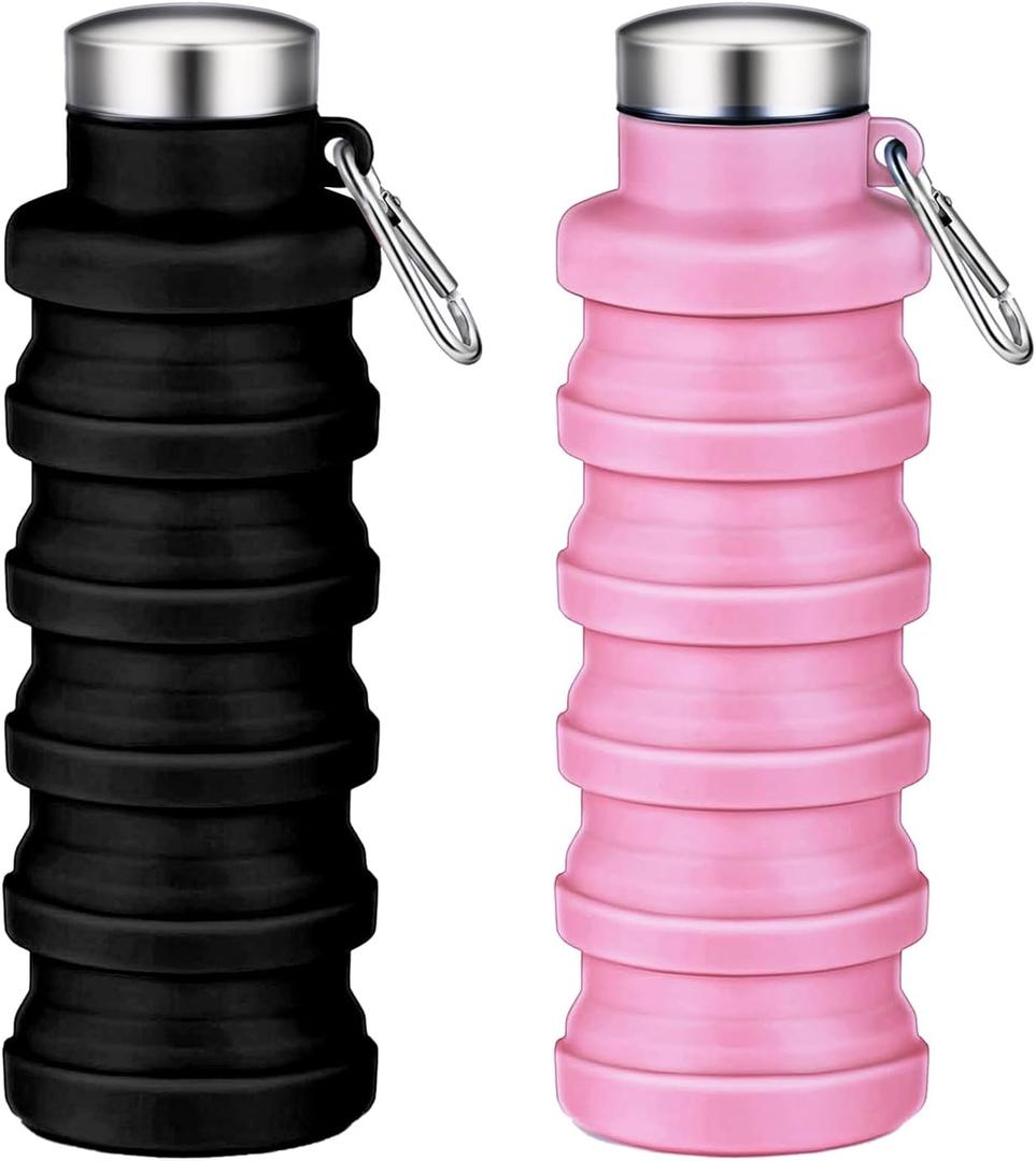 Collapsible Water Bottles,16oz Capacity Portable Reusable Silicone Water Bottle,Leak-proof,with buckle,foldable storage,Lightweight Durable for Fitness,Cycling,Sports,Camping,Hiking (Black+Pink)
