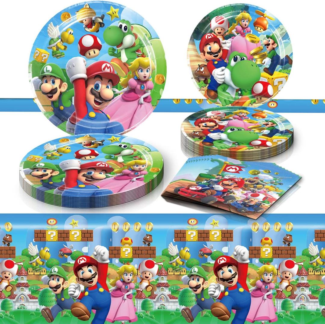 Mario Birthday Party Supplies, 20 Plates, 20 Napkins and 1 Tablecover for Mario Party Supplies, Mario Theme Party Decorations