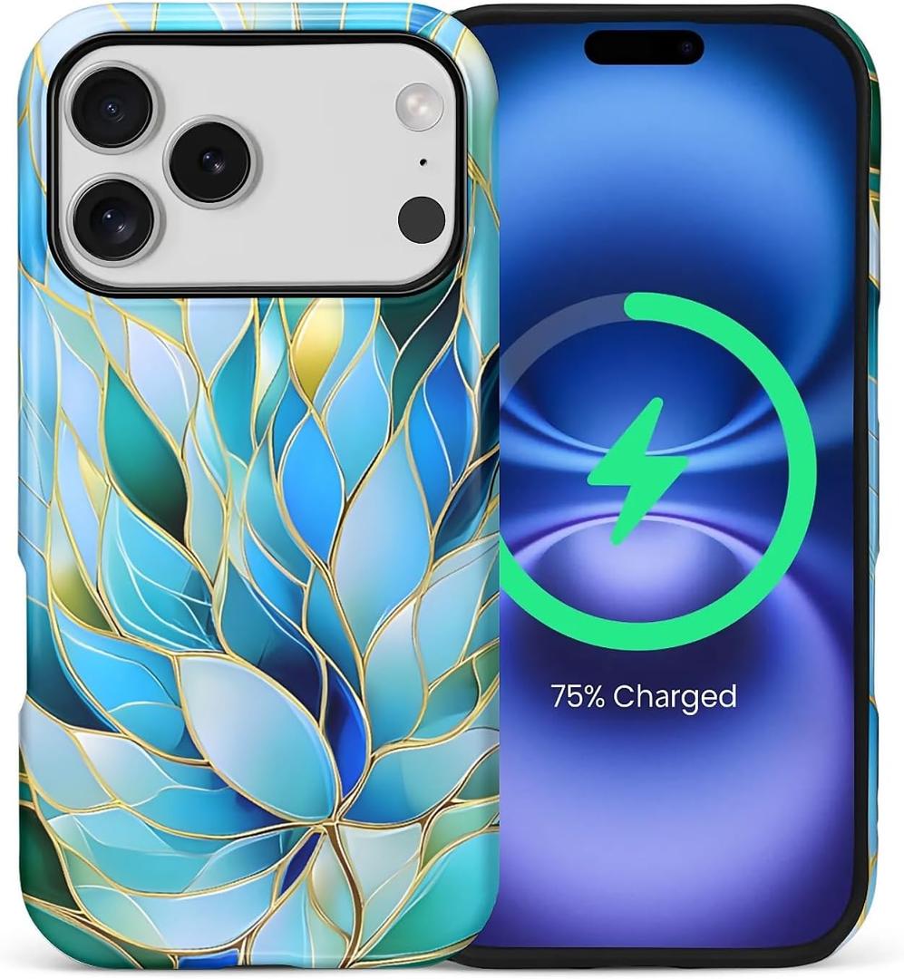 for iPhone 17 Pro Case for Women Girl Men Boy, Compatible with MagSafe, Shockproof Soft Silicone & Hard PC Shell Protective Case for iPhone 17 Pro - Cyan Glass Flower