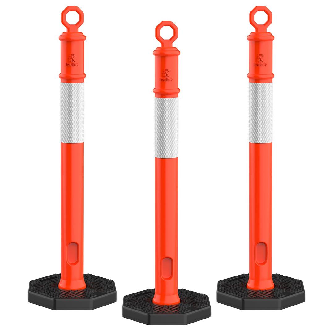 RoadHero 45 Inch 3 Pack Delineator Post with Base, Orange Traffic Delineator Posts Cones with Reflective Collars for Parking Lots, Road Safety, Construction Events