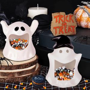 DIYDEC Halloween Candy Dish Holder 2PCS Halloween Candy Bowls Ghost Ceramic Bowl Candle Holder Tableware Decorations for Halloween Tiered Tray Ornament Home Decor