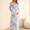 KUTUMAI Off Shoulder Strecth Maternity Dress Long Sleeve Floral Maxi Wedding Guest Pregnancy Baby Shower Photoshoot Dresses (Blue, L)