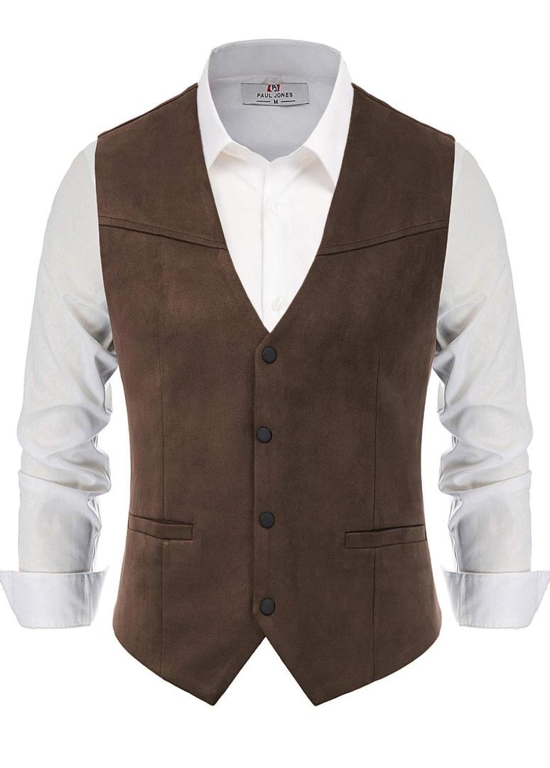 PJ PAUL JONES Men's Western Cowboy Suit Vest Slim Fit Faux Suede Leather Dress Vests Waistcoat for Wedding 2XL