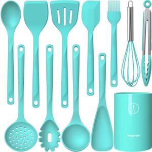 Silicone Cooking Utensils Set - 600F Heat Resistant, Nonstick Kitchen Utensil Set with Spatulas, Spoons, Whisk, Tongs, BPA Free, Dishwasher Safe (Teal)