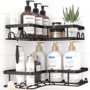 Sakugi Corner Shower Caddy - 2 Pack, Adhesive Shower Organizers, Rustproof Stainless Steel Shower Shelves with 8 Hooks, No Drilling Bathroom Organizers and Storage Racks, Space-Saving, Black, Medium