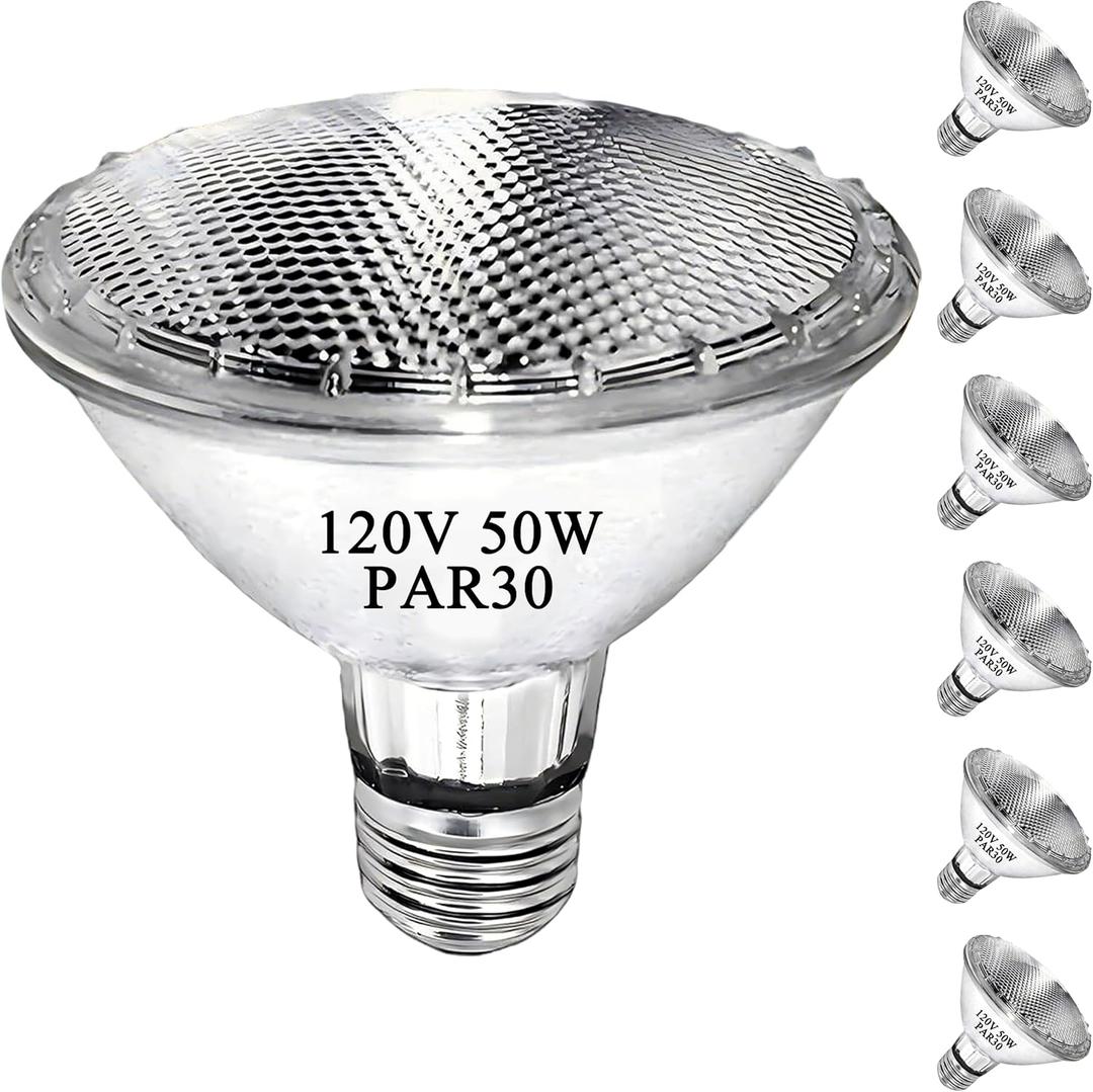 PAR30 Short Neck Halogen Flood Light Bulbs, 120V 50W PAR30 Light Bulb, Dimmable, High Output, E26 Medium Base, 2700K Warm Lighting, 3000 Hours for Recessed Light Bulb(6 Pack)