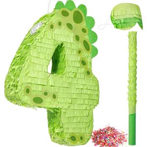 Poen 16 Inch Dinosaur Piata Number 1 2 3 4 5 6 7 8 9 for Kids Birthday Party Cute Dino Piata with Blindfold Stick and Confetti for Boys Girls Dinosaur Birthday Animal Theme Baby Shower Decor(4)