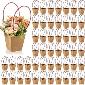 Gilprop 50 Packs Bouquet Bag Kraft Paper Flower Gift Bags with Handle Brown Bouquet Bag Box with Waterproof Lining for Birthday Wedding Party Favors (12.5 x 4.9 x 3.1 Inch)