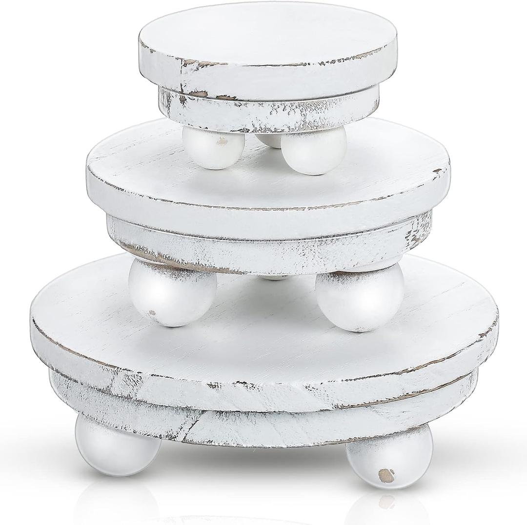 Amyhill 3 Pcs 5/4/3 Inch Wooden Risers for Display Wood Pedestal Stand Mini Tray Stand Round Wooden Pedestal Holder Rustic Buffet Cake Riser for Decor Tiered Tray Decor Home Kitchen(Washed White)