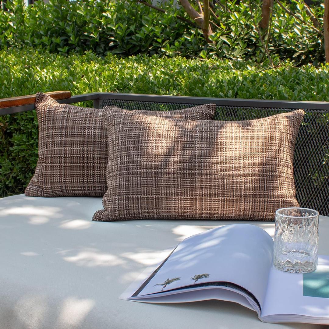 Kevin Textile Pack of 2 Decorative Outdoor Waterproof Throw Pillow Covers Lumbar Pillowcases Modern Cushion Cases for Patio Couch Bench 12 x 20 Inch Brown