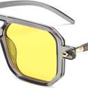 FEISEDY Vintage Square 70s Flat Aviator Sunglasses Women Men Classic Retro Stylish Frame UV400 Sunglasses B2622 (031 Transparent Grey Frame & Yellow Lens)
