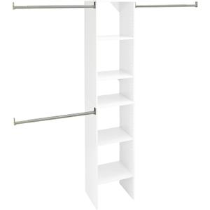 ClosetMaid SuiteSymphony Small Closet Organizer Starter Kit with Tower and 3 Hang Rods, Shelves, Adjustable, Customizable Wardrobe Organizer System, Reach-In or Walk-In Closets, Pure White