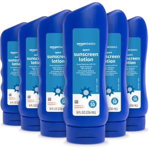 Amazon Basics Sport Sunscreen Lotion SPF 50, Water Resistant (80min), Formulated without Octinoxate & Oxybenzone, Broad Spectrum UVA/UVB Protection, Unscented, 8 fl oz, 6-Pack