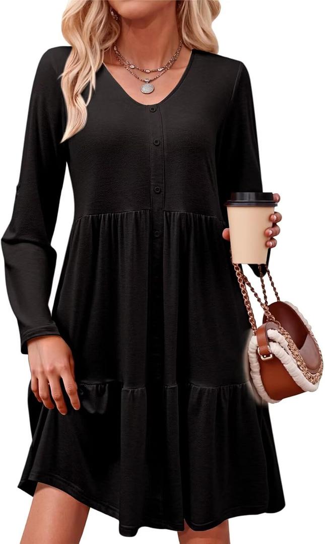 Dokotoo Fall Dresses for Women 2025 V Neck Button Up Long Sleeve Empire Waist Ruffle Tiered Mini Dress with Pockets (Black, XXL)
