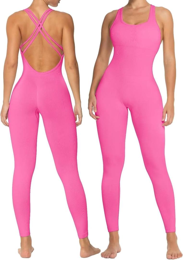 Sunzel Jumpsuits for Women Backless, Seamless Workout One Piece Bodycon Romper Scoop Neck, Butt Scrunch Leggings Unitard (X-Small, Hot Pink)