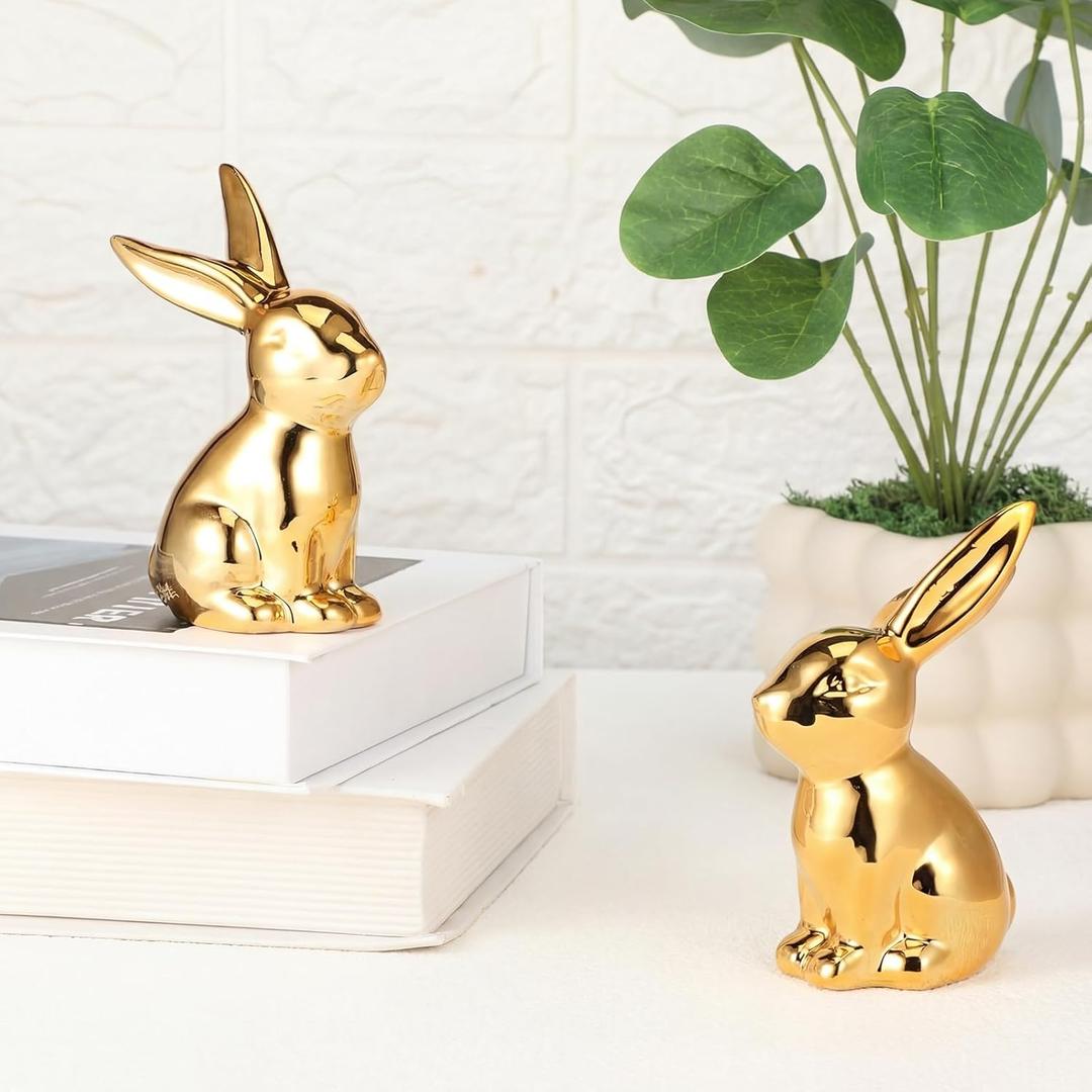 Wesiti 2 Pcs Easter Decorations Golden Bunny Figurines Set 4.5 Inch Ceramic Easter Rabbit Statue Vintage Bunny Figurine Gifts for Couples Home Office Table Decor Spring Party Supplies (Large)