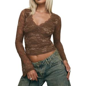 INFITTY Women's Lace Bell Sleeve Crop Tops V-Neck Long Sleeve Shirts Double Lined Slim Fit Blouses Outfits (Medium, Coffee)