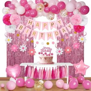 Pink Red Happy Birthday Party Decorations Kits for Girls Women with Happy Birthday Banner, Fringe Curtain,Foil Balloons,Tissue Pompoms,Dots Garland,Tassels Garland,Cake Topper for Birthday Decor(Pink)
